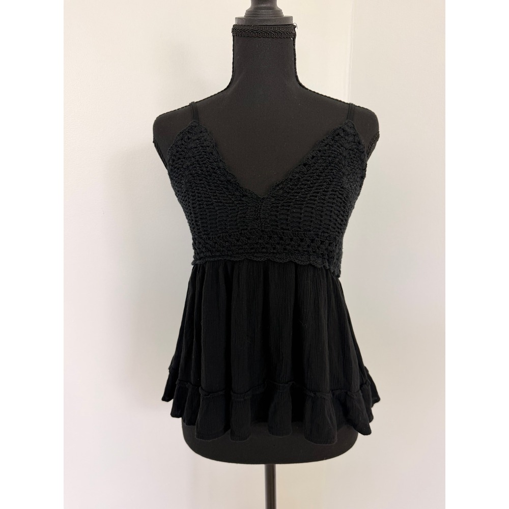 Boho Black Crochet Bodice Ruffle Hem Cami Tank Top Smocked Back Size Medium